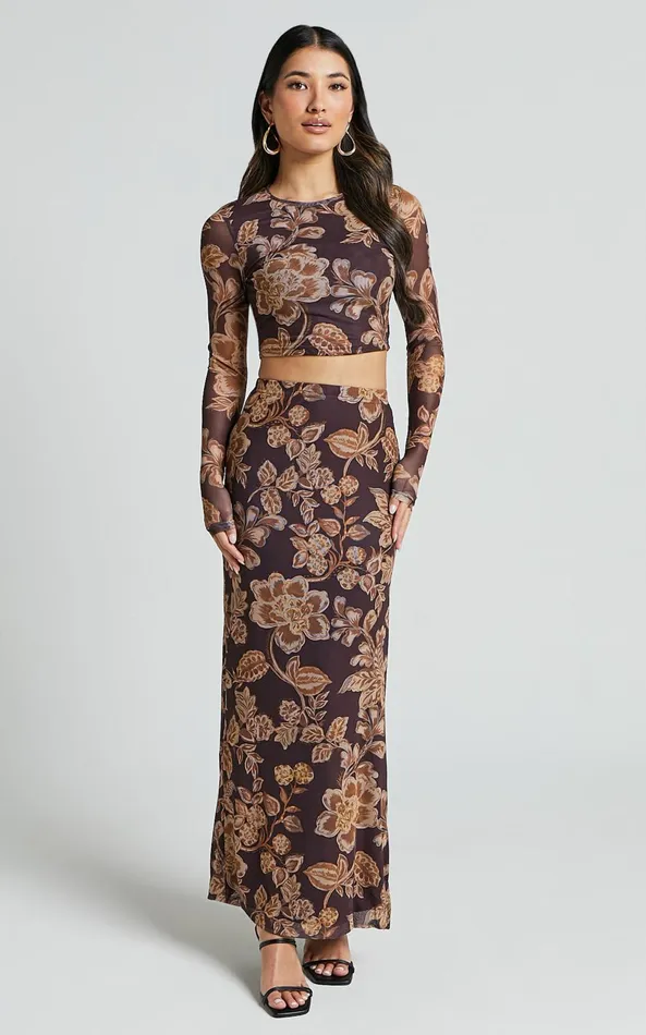 Showpo Willow Two Piece Set 8211 Long Sleeve Top And Midi Skirt Mesh Set In Amber Bloom Print Women Two Piece Sets and Coords