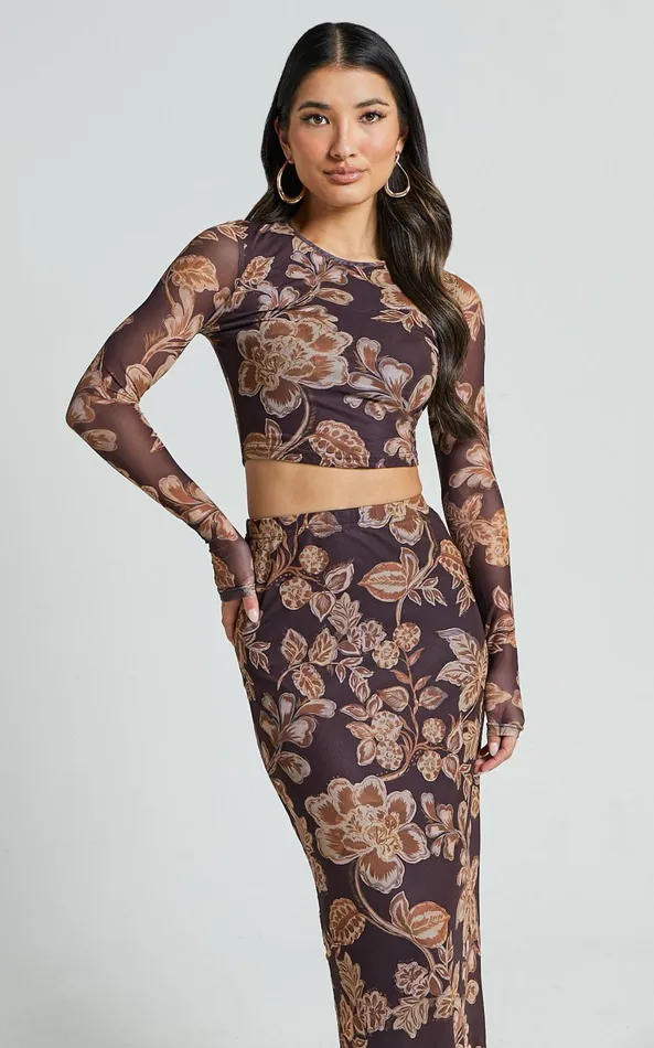Showpo Willow Two Piece Set 8211 Long Sleeve Top And Midi Skirt Mesh Set In Amber Bloom Print Women Two Piece Sets and Coords