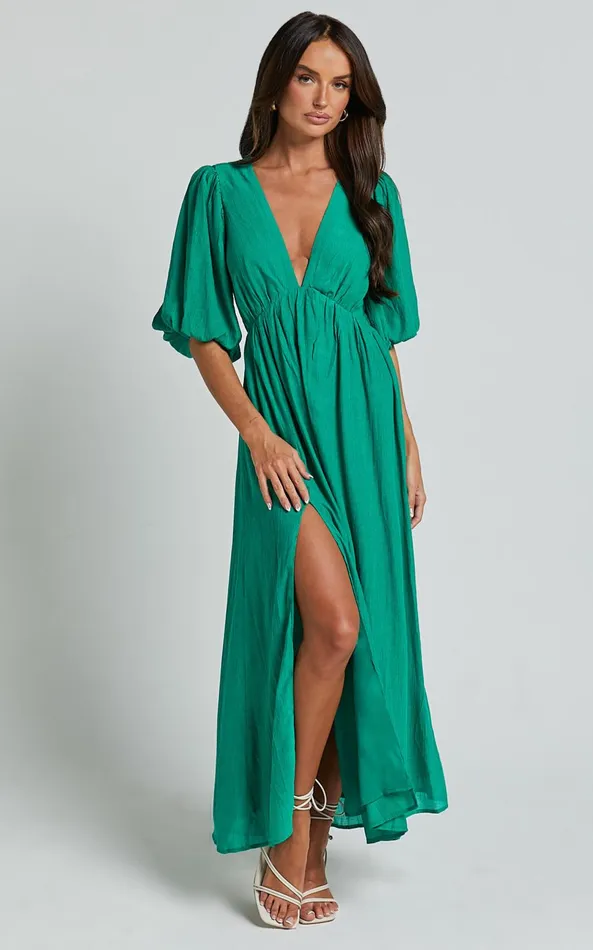 Showpo Wisteria Midi Dress 8211 Plunge Neck 34 Puff Sleeve Thigh Split Open Tie Back Dress In Green Women Dresses Showpo Wisteria Midi Dress 8211 Plunge Neck 34 Puff Sleeve Thigh Split Open Tie Back Dress In Green Women Dresses