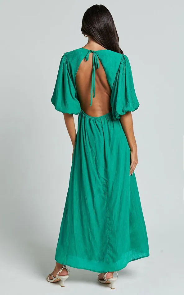 Showpo Wisteria Midi Dress 8211 Plunge Neck 34 Puff Sleeve Thigh Split Open Tie Back Dress In Green Women Dresses