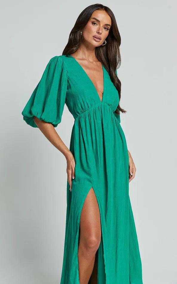 Showpo Wisteria Midi Dress 8211 Plunge Neck 34 Puff Sleeve Thigh Split Open Tie Back Dress In Green Women Dresses