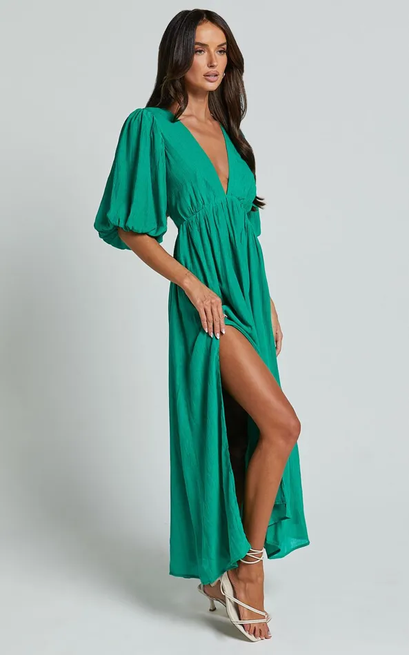 Showpo Wisteria Midi Dress 8211 Plunge Neck 34 Puff Sleeve Thigh Split Open Tie Back Dress In Green Women Dresses