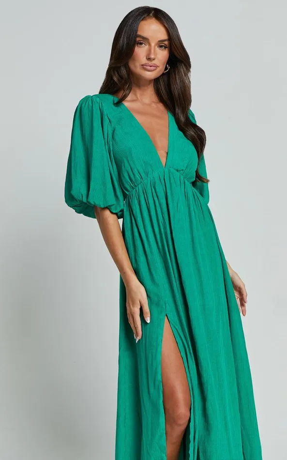 Showpo Wisteria Midi Dress 8211 Plunge Neck 34 Puff Sleeve Thigh Split Open Tie Back Dress In Green Women Dresses