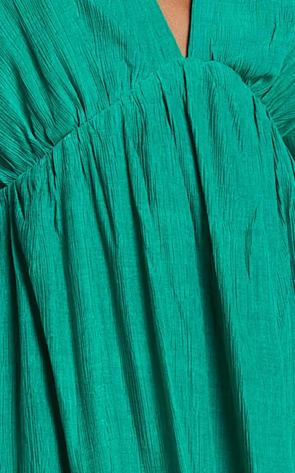 Showpo Wisteria Midi Dress 8211 Plunge Neck 34 Puff Sleeve Thigh Split Open Tie Back Dress In Green Women Dresses
