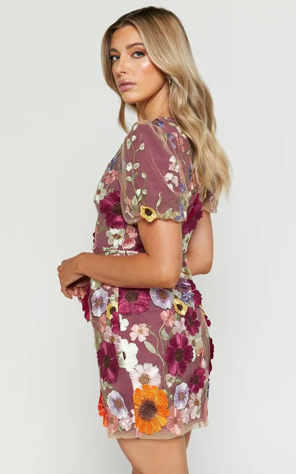 Showpo Wren Mini Dress 8211 Puff Sleeve Bodycon 3d Garden Flowers Dress In Burgundy Women Dresses