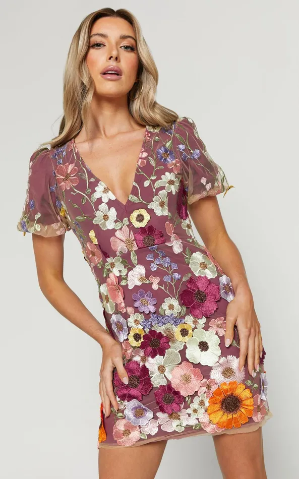 Showpo Wren Mini Dress 8211 Puff Sleeve Bodycon 3d Garden Flowers Dress In Burgundy Women Dresses