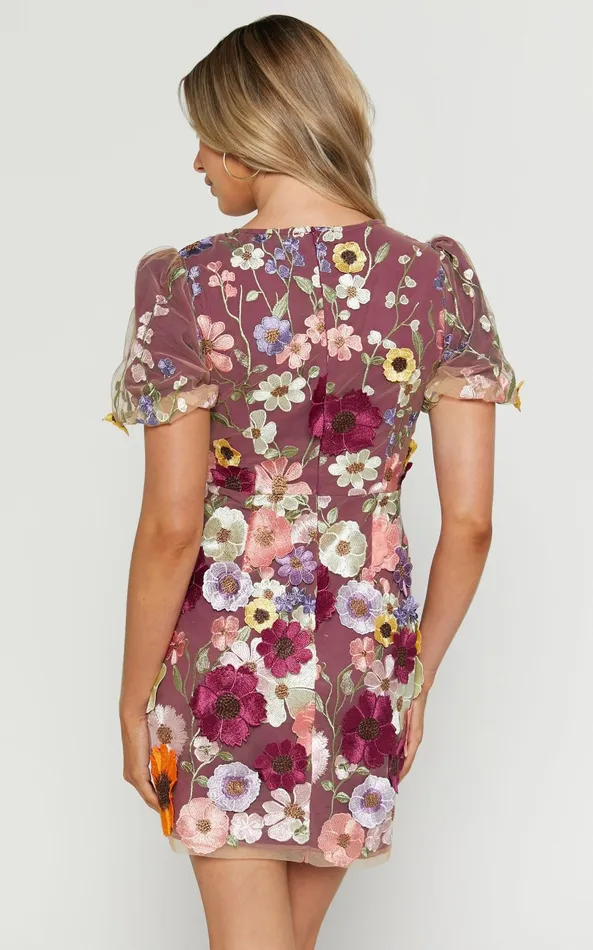 Showpo Wren Mini Dress 8211 Puff Sleeve Bodycon 3d Garden Flowers Dress In Burgundy Women Dresses
