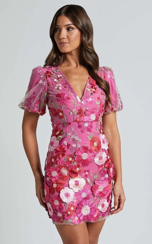 Showpo Wren Mini Dress 8211 Puff Sleeve Bodycon 3d Garden Flowers Dress In Magenta Women Dresses