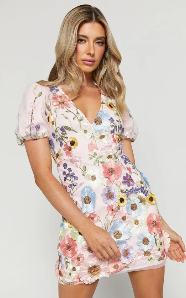 Showpo Wren Mini Dress 8211 Puff Sleeve Bodycon 3d Garden Flowers Dress In Pink Women Dresses