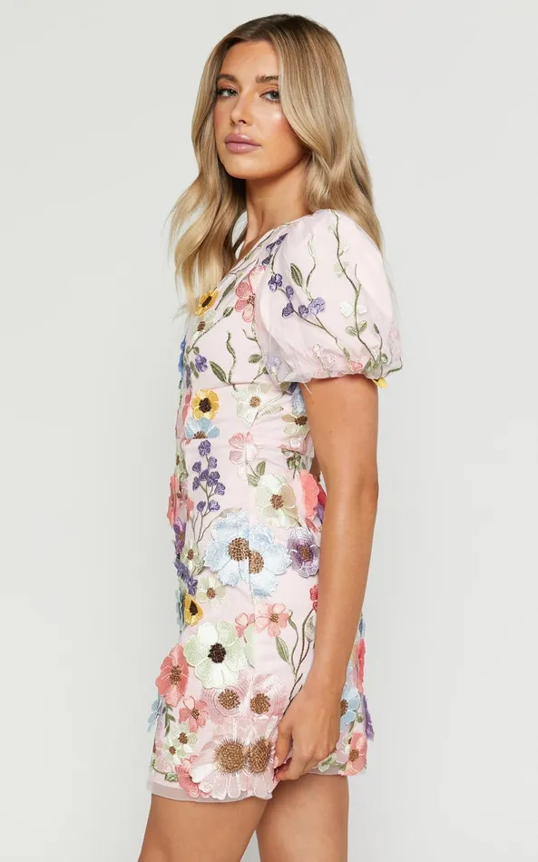 Showpo Wren Mini Dress 8211 Puff Sleeve Bodycon 3d Garden Flowers Dress In Pink Women Dresses