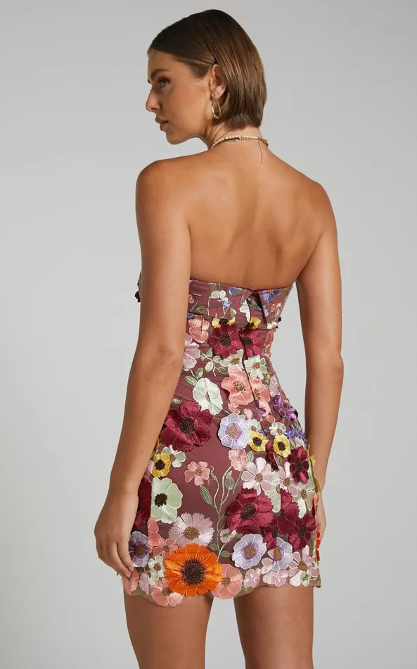 Showpo Wren Mini Dress 8211 Strapless Bodycon Garden Flowers Dress In Burgundy Women Dresses