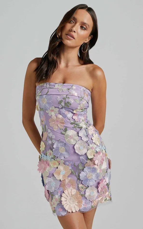 Showpo Wren Mini Dress 8211 Strapless Bodycon Garden Flowers Dress In Lilac Women Dresses