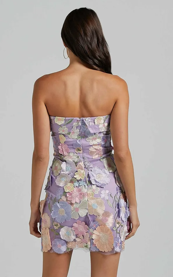 Showpo Wren Mini Dress 8211 Strapless Bodycon Garden Flowers Dress In Lilac Women Dresses