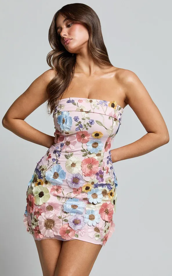 Showpo Wren Mini Dress 8211 Strapless Bodycon Garden Flowers Dress In Pink Women Dresses