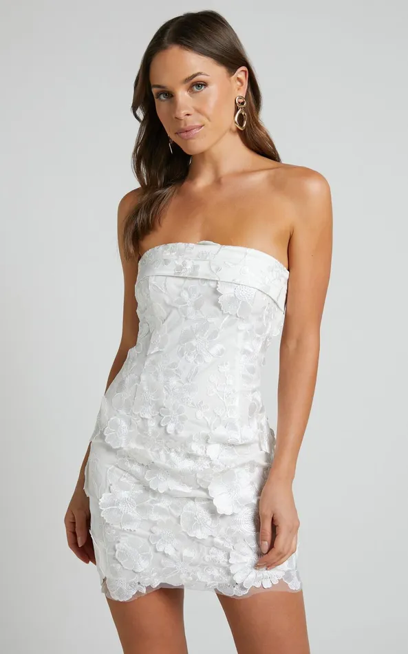 Showpo Wren Mini Dress 8211 Strapless Bodycon Garden Flowers Dress In White Women Dresses