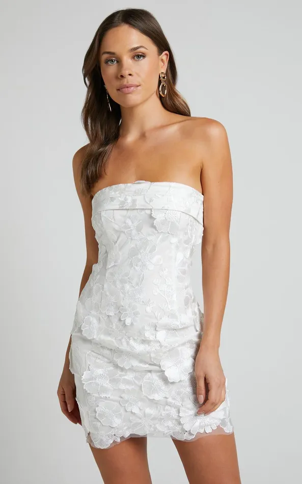 Showpo Wren Mini Dress 8211 Strapless Bodycon Garden Flowers Dress In White Women Dresses
