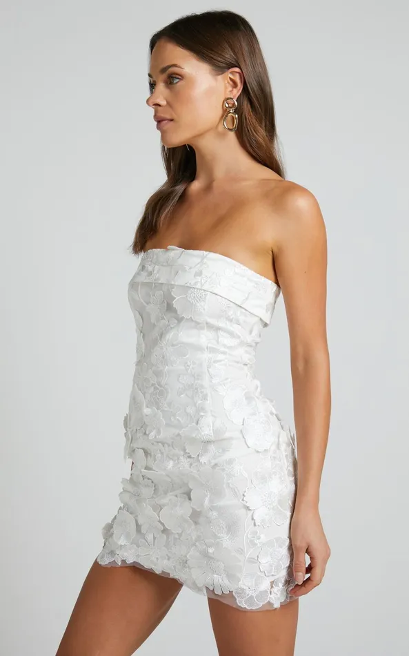 Showpo Wren Mini Dress 8211 Strapless Bodycon Garden Flowers Dress In White Women Dresses