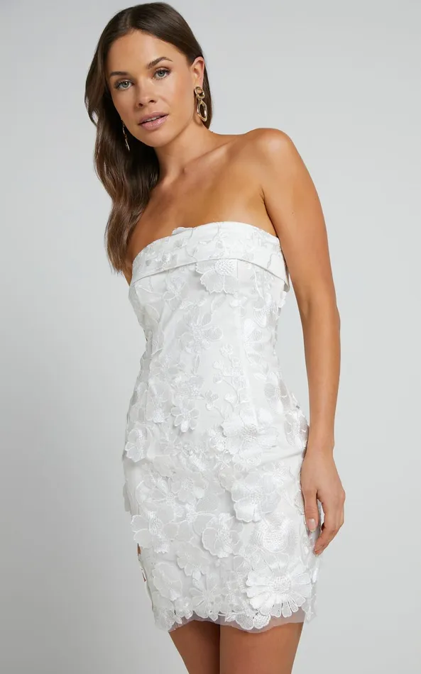 Showpo Wren Mini Dress 8211 Strapless Bodycon Garden Flowers Dress In White Women Dresses