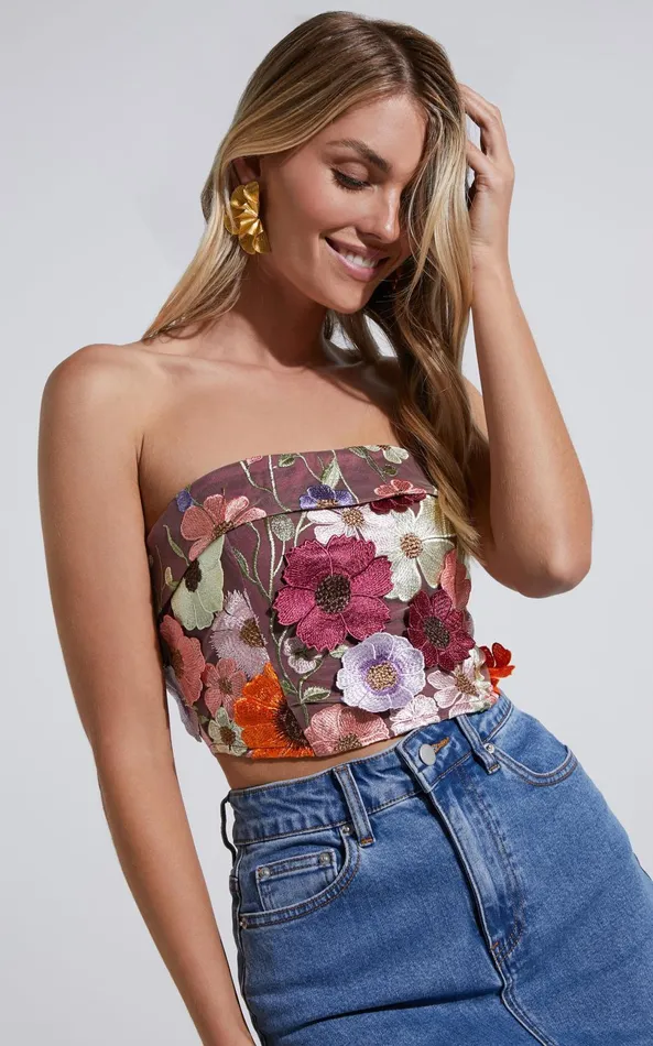 Showpo Wren Top 8211 Strapless Garden Flowers Corset Top In Burgundy Women Tops Showpo Wren Top 8211 Strapless Garden Flowers Corset Top In Burgundy Women Tops