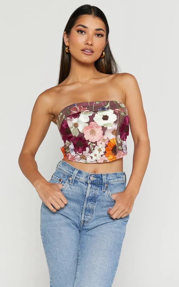 Showpo Wren Top 8211 Strapless Garden Flowers Corset Top In Burgundy Women Tops