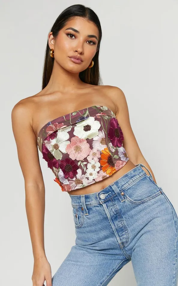 Showpo Wren Top 8211 Strapless Garden Flowers Corset Top In Burgundy Women Tops