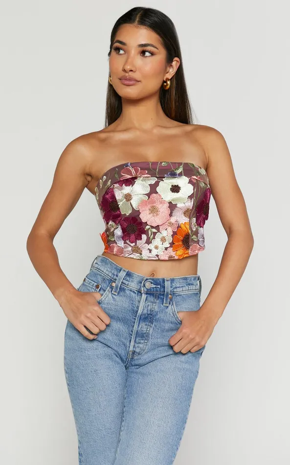 Showpo Wren Top 8211 Strapless Garden Flowers Corset Top In Burgundy Women Tops