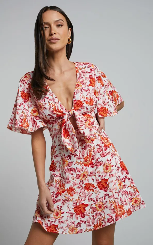 Showpo Wynna Mini Dress 8211 Tie Front Cut Out Flutter Sleeve Dress In Pink Red Floral Women Dresses Showpo Wynna Mini Dress 8211 Tie Front Cut Out Flutter Sleeve Dress In Pink Red Floral Women Dresses
