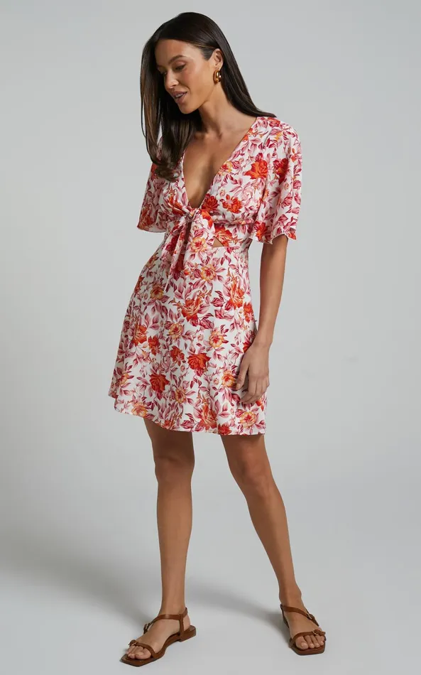Showpo Wynna Mini Dress 8211 Tie Front Cut Out Flutter Sleeve Dress In Pink Red Floral Women Dresses