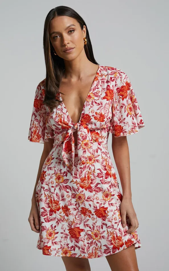 Showpo Wynna Mini Dress 8211 Tie Front Cut Out Flutter Sleeve Dress In Pink Red Floral Women Dresses