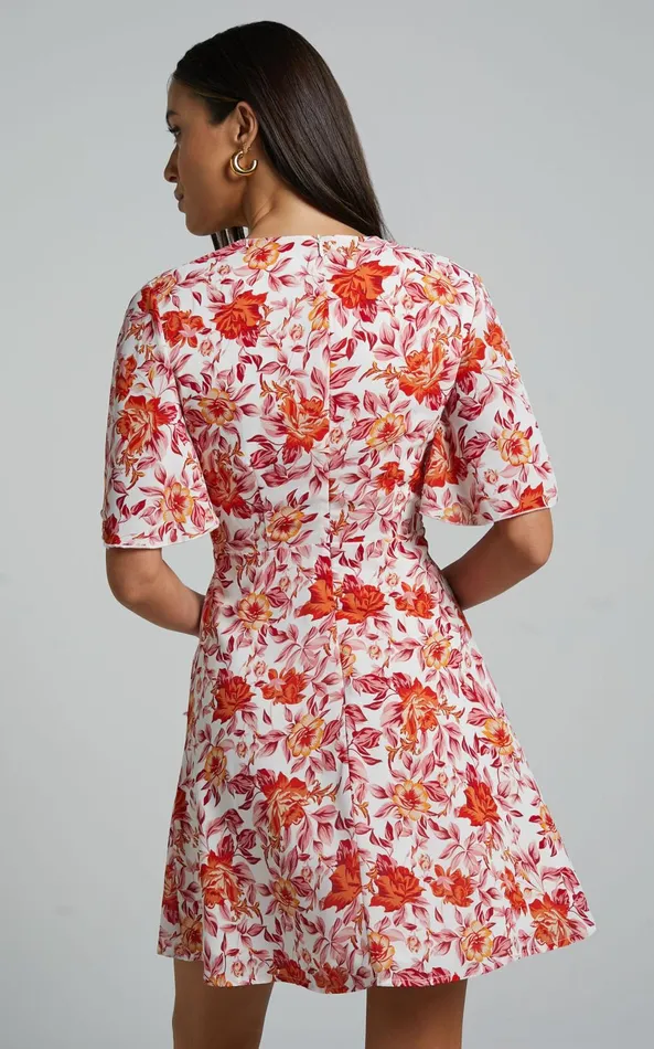 Showpo Wynna Mini Dress 8211 Tie Front Cut Out Flutter Sleeve Dress In Pink Red Floral Women Dresses