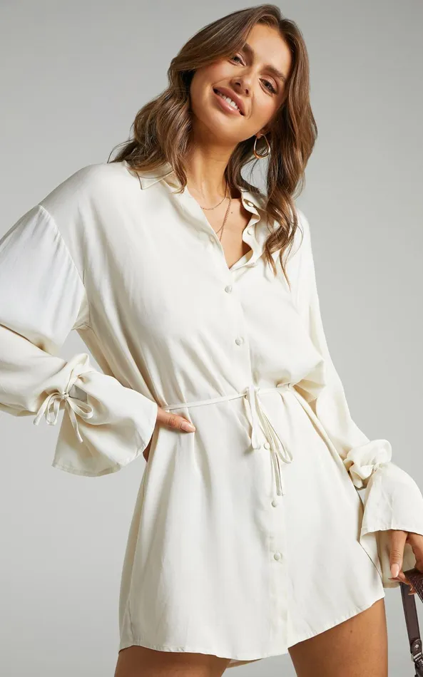 Showpo Wynter Mini Dress 8211 Waist Tie Shirt Dress In Off White Women Dresses