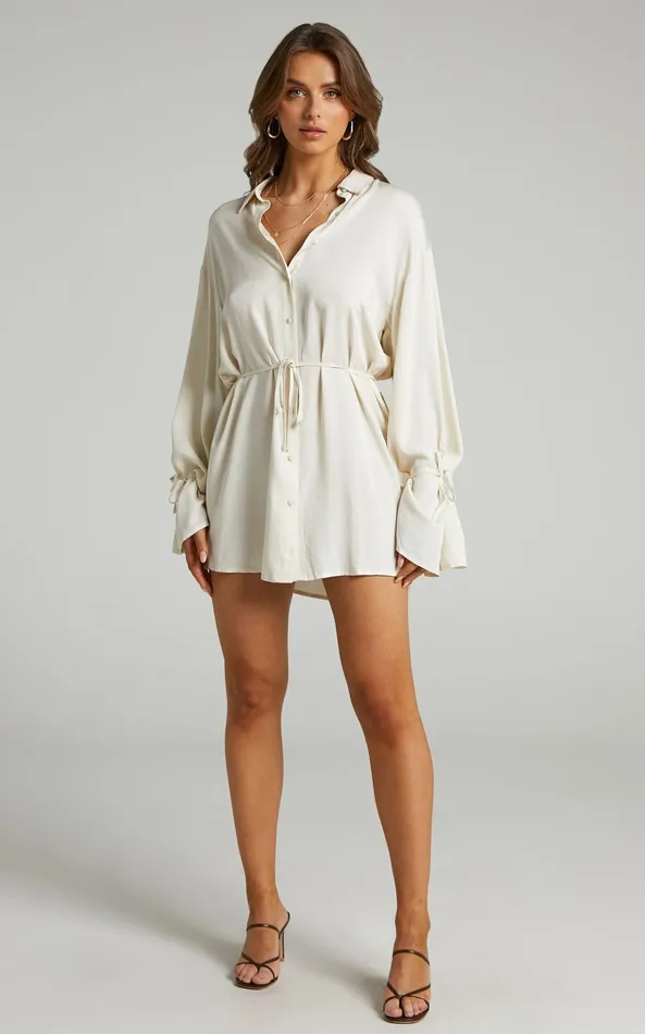 Showpo Wynter Mini Dress 8211 Waist Tie Shirt Dress In Off White Women Dresses