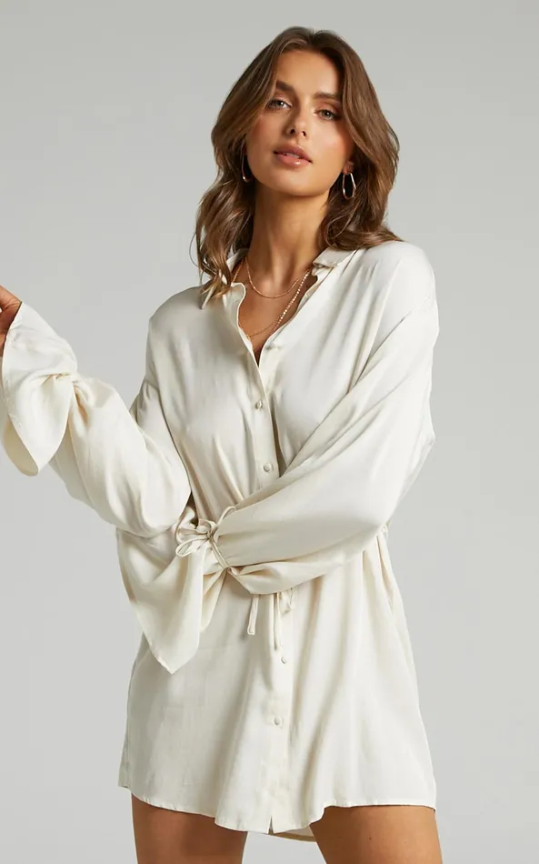 Showpo Wynter Mini Dress 8211 Waist Tie Shirt Dress In Off White Women Dresses
