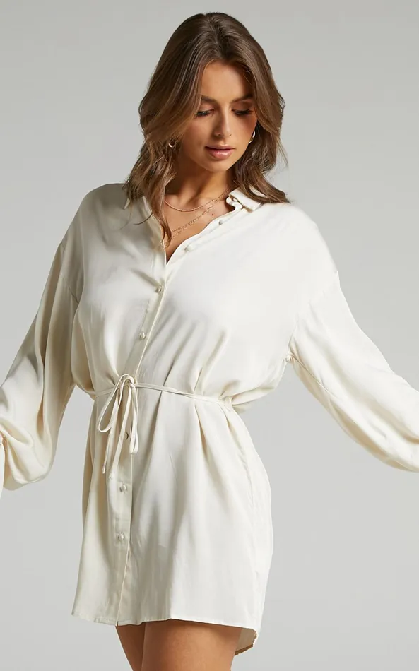 Showpo Wynter Mini Dress 8211 Waist Tie Shirt Dress In Off White Women Dresses