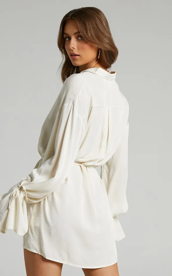 Showpo Wynter Mini Dress 8211 Waist Tie Shirt Dress In Off White Women Dresses