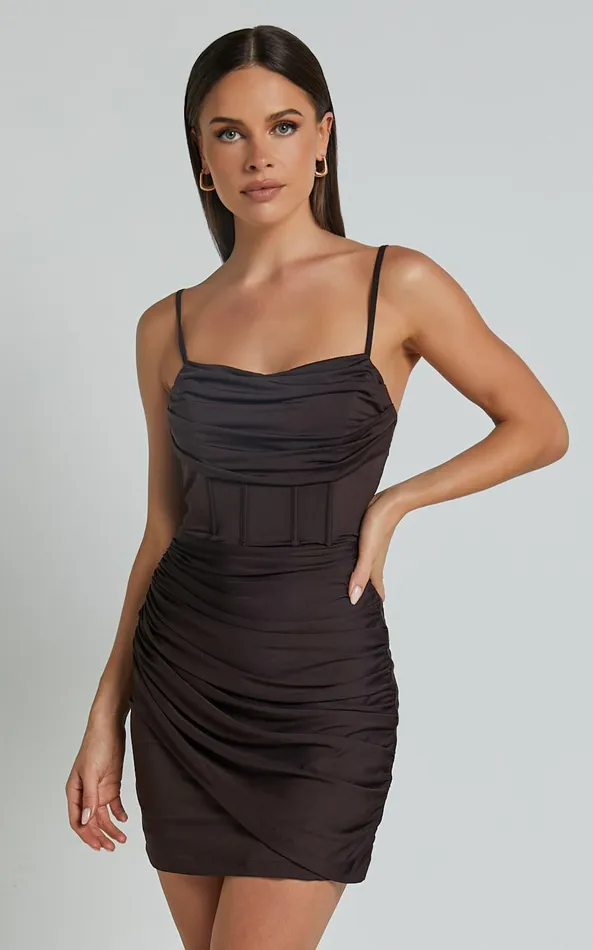 Showpo Xander Mini Dress 8211 Cowl Neck Drape In Chocolate Women Dresses