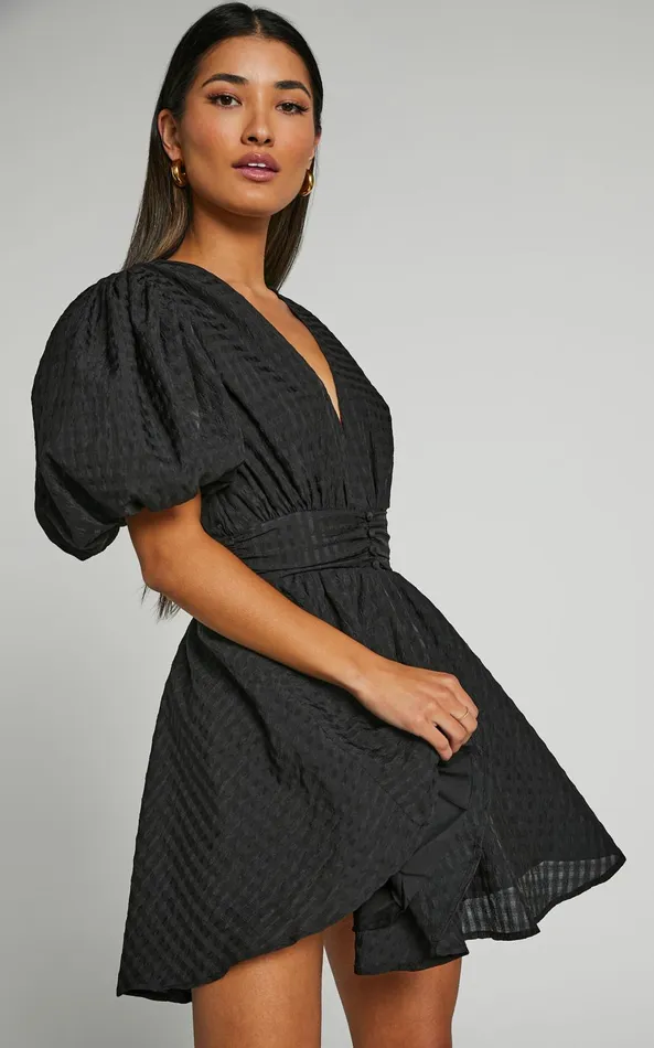 Showpo Xandy Mini Dress 8211 Textured Puff Sleeve Plunge Dress In Black Women Curve Clothes