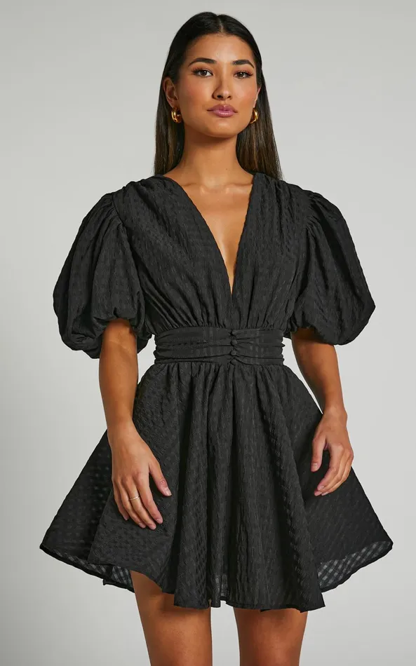 Showpo Xandy Mini Dress 8211 Textured Puff Sleeve Plunge Dress In Black Women Curve Clothes