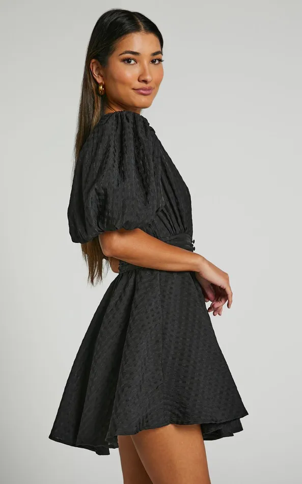 Showpo Xandy Mini Dress 8211 Textured Puff Sleeve Plunge Dress In Black Women Curve Clothes
