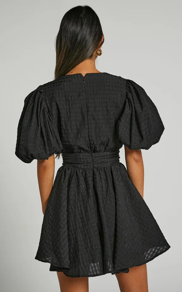 Showpo Xandy Mini Dress 8211 Textured Puff Sleeve Plunge Dress In Black Women Curve Clothes
