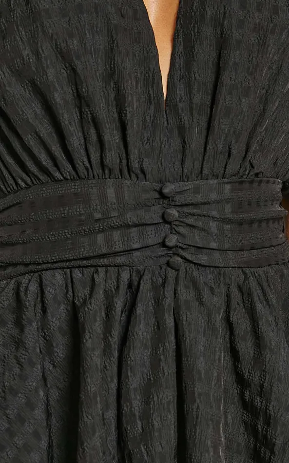 Showpo Xandy Mini Dress 8211 Textured Puff Sleeve Plunge Dress In Black Women Curve Clothes