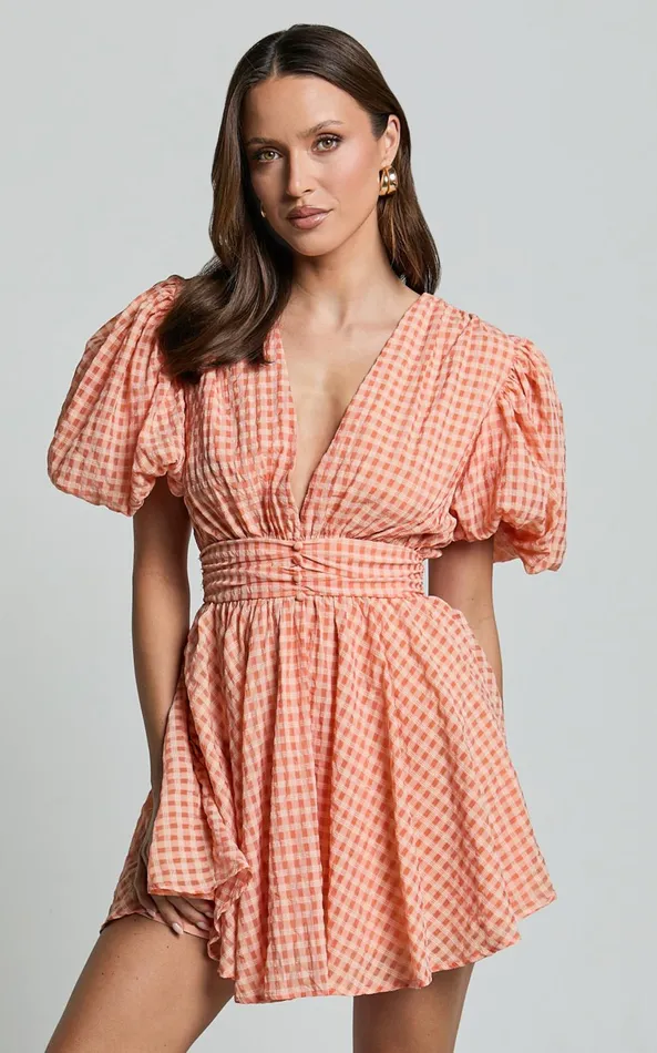 Showpo Xandy Mini Dress 8211 Textured Puff Sleeve Plunge Dress In Peach Women Curve Clothes Showpo Xandy Mini Dress 8211 Textured Puff Sleeve Plunge Dress In Peach Women Curve Clothes
