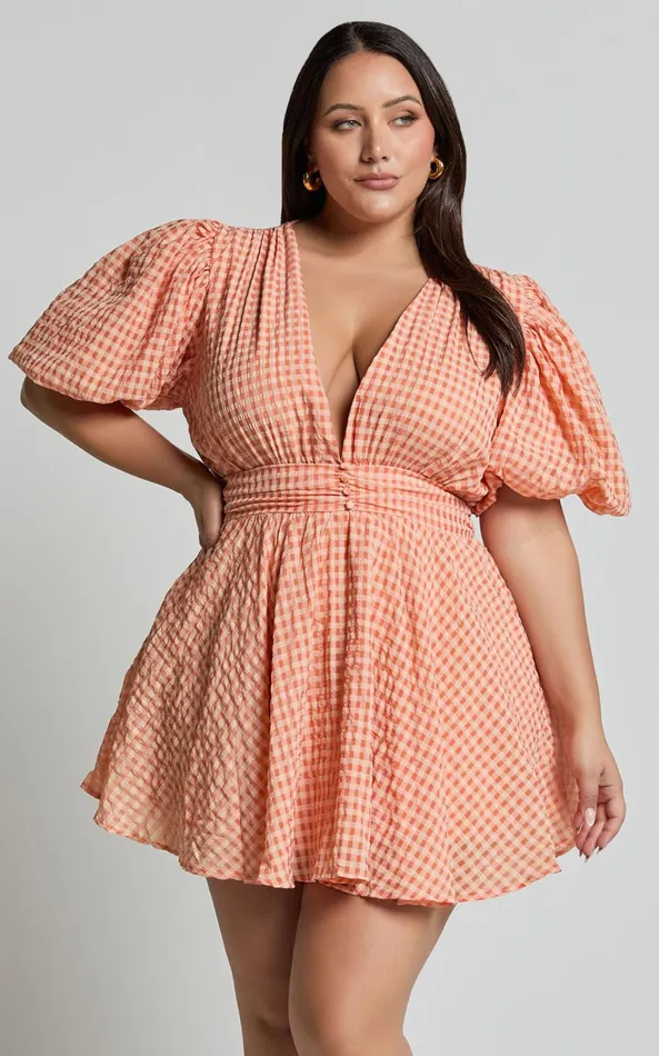 Showpo Xandy Mini Dress 8211 Textured Puff Sleeve Plunge Dress In Peach Women Curve Clothes