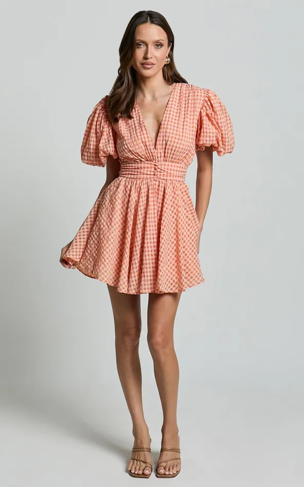 Showpo Xandy Mini Dress 8211 Textured Puff Sleeve Plunge Dress In Peach Women Curve Clothes