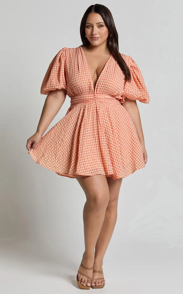 Showpo Xandy Mini Dress 8211 Textured Puff Sleeve Plunge Dress In Peach Women Curve Clothes