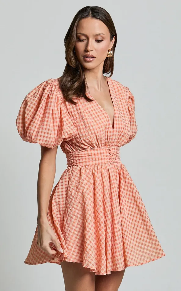 Showpo Xandy Mini Dress 8211 Textured Puff Sleeve Plunge Dress In Peach Women Curve Clothes