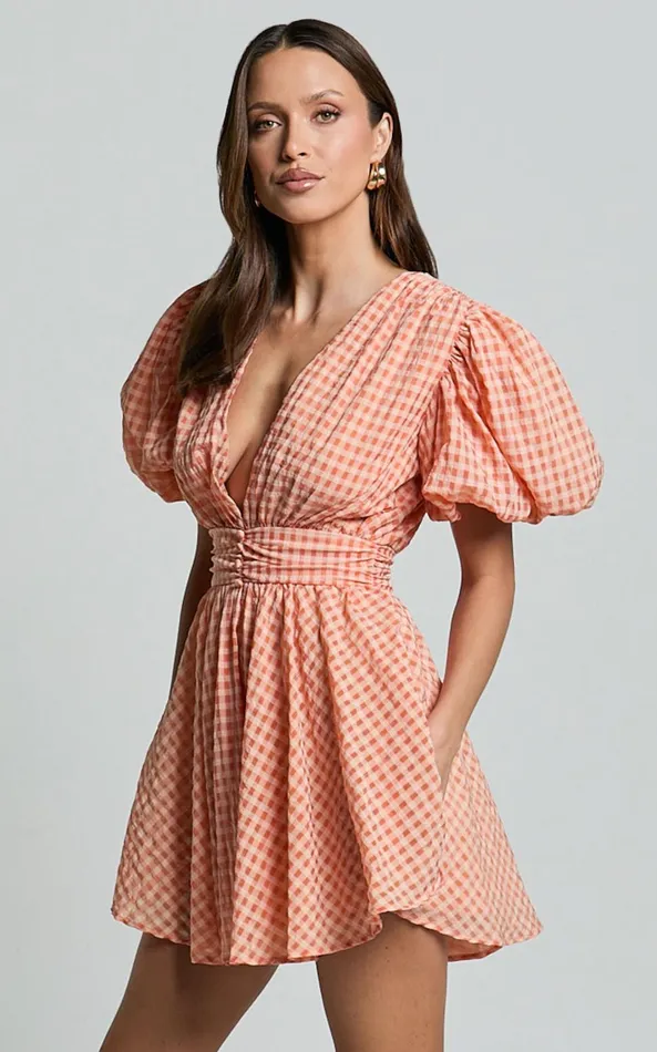 Showpo Xandy Mini Dress 8211 Textured Puff Sleeve Plunge Dress In Peach Women Curve Clothes