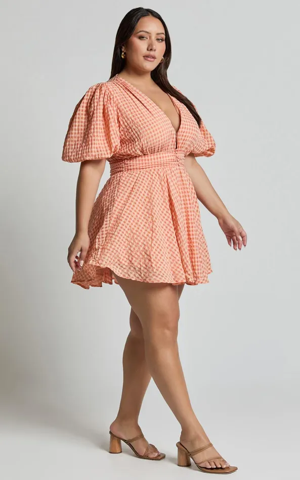 Showpo Xandy Mini Dress 8211 Textured Puff Sleeve Plunge Dress In Peach Women Curve Clothes
