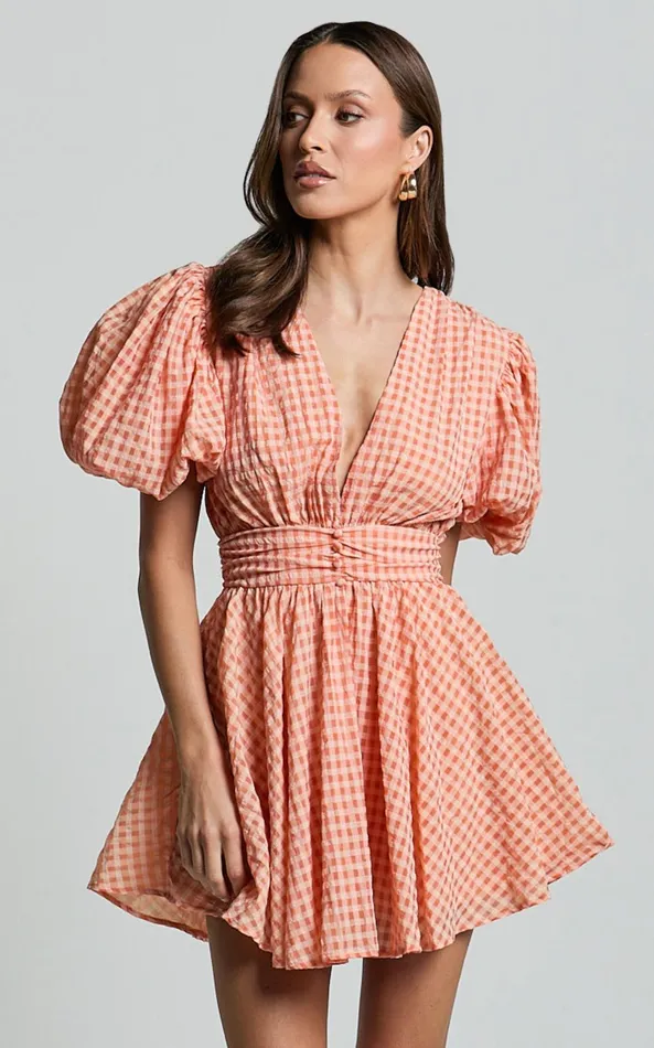 Showpo Xandy Mini Dress 8211 Textured Puff Sleeve Plunge Dress In Peach Women Curve Clothes