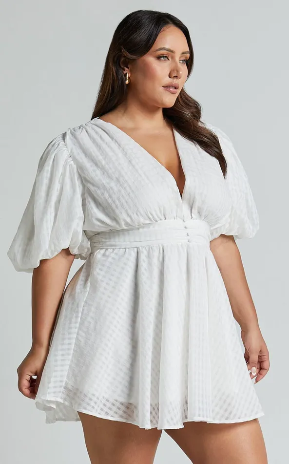 Showpo Xandy Mini Dress 8211 Textured Puff Sleeve Plunge Dress In White Women Curve Clothes